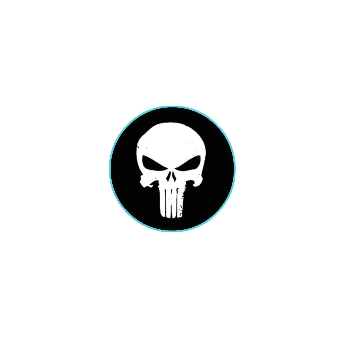 Round skull lapel pin with black-and-white skull on dark background, teal border