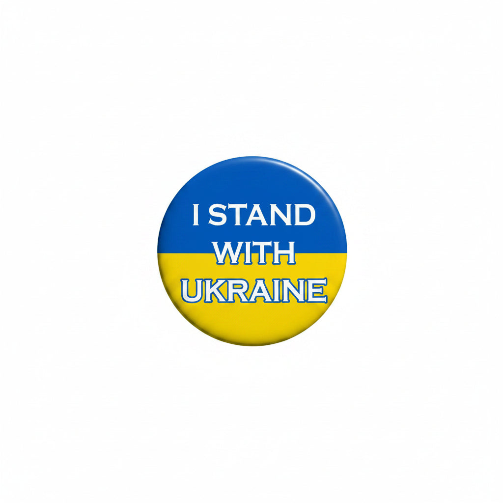 Round lapel pin with blue-yellow design and text “I STAND WITH UKRAINE”