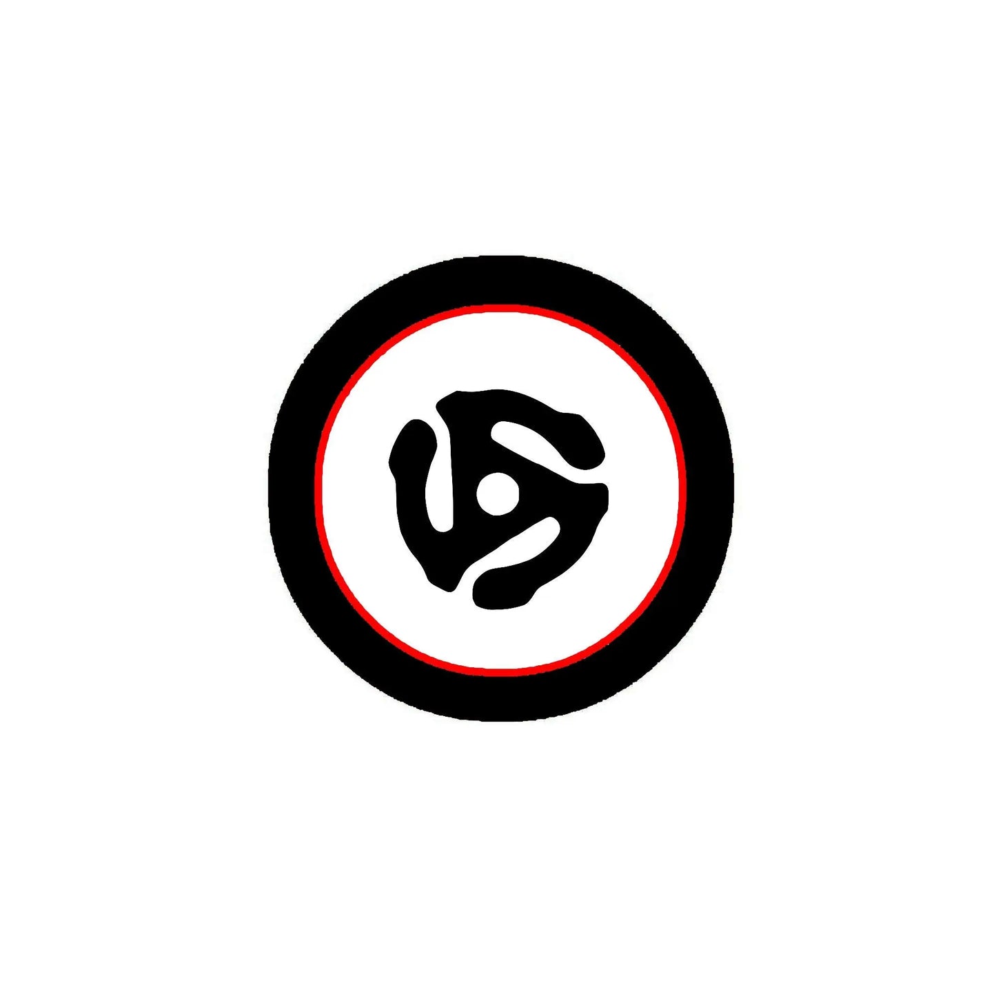 Round pinback button with black border, red ring, white center, black icon