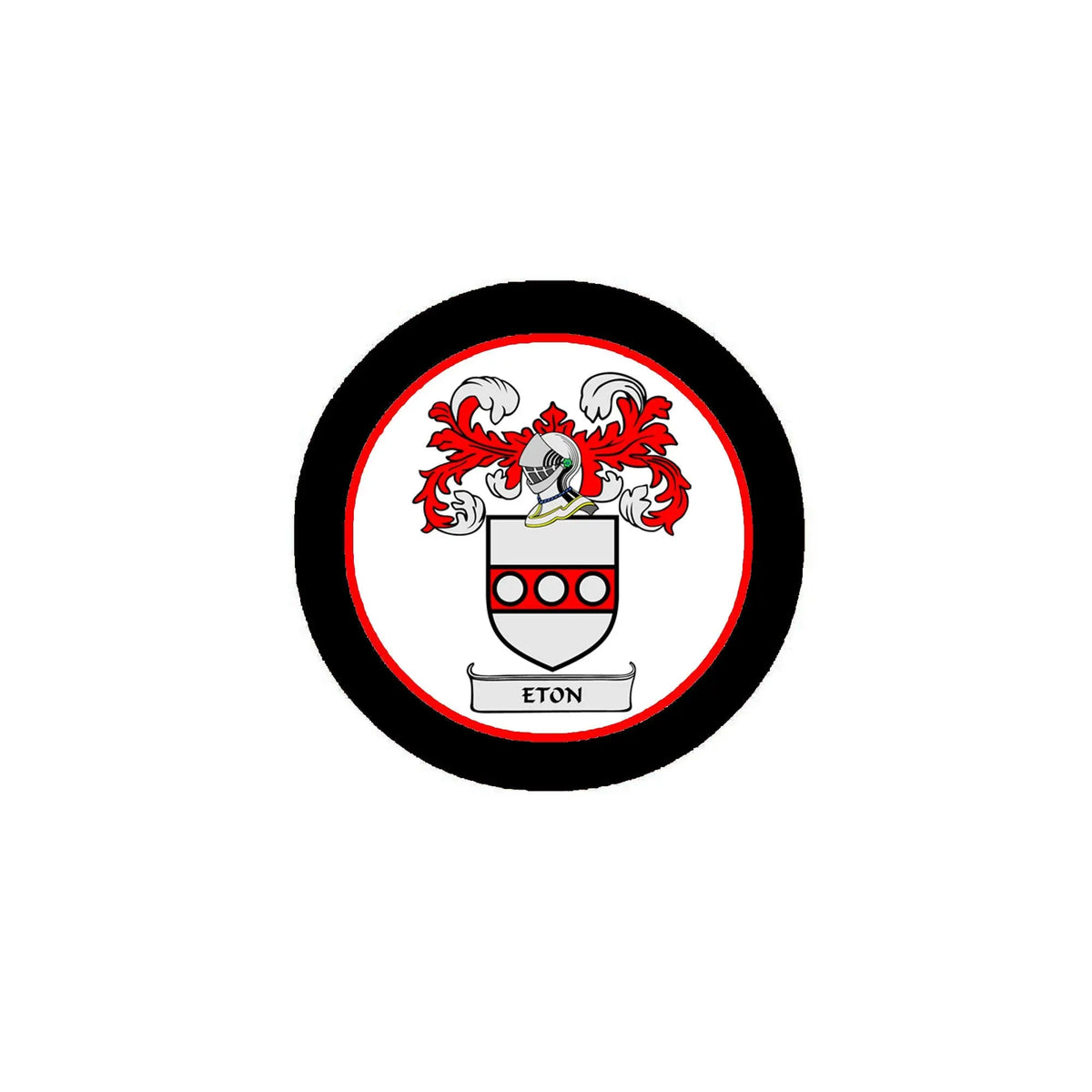 Round coat of arms magnet with black rim and red-and-white ETON crest
