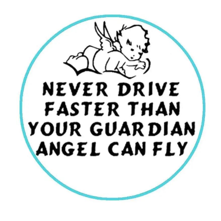 2.25-inch round pinback button with angel graphic and teal border, black text design