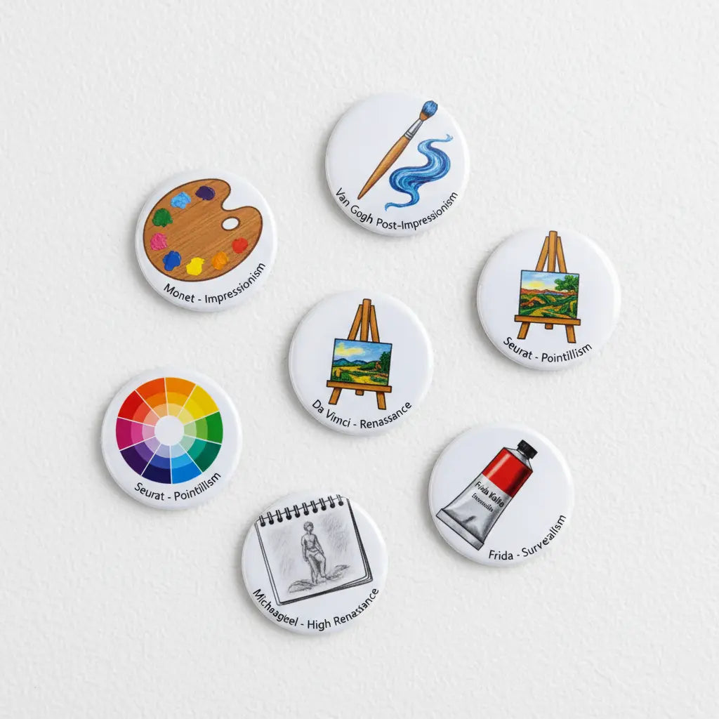 Set of 6 round art-themed fridge magnets with painter, palette, and sketch icons