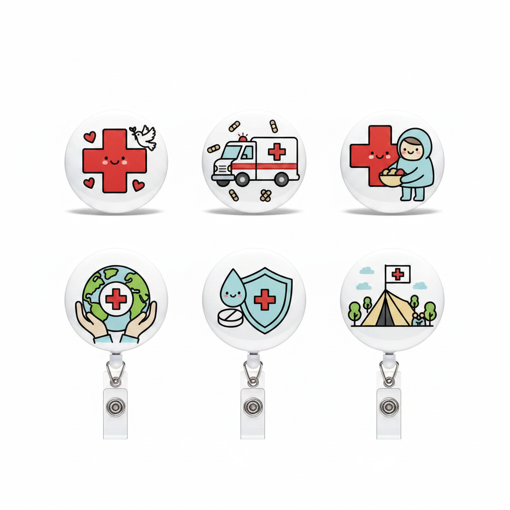 Retractable badge reels with red cross icons and metal badge clips, three-pack view
