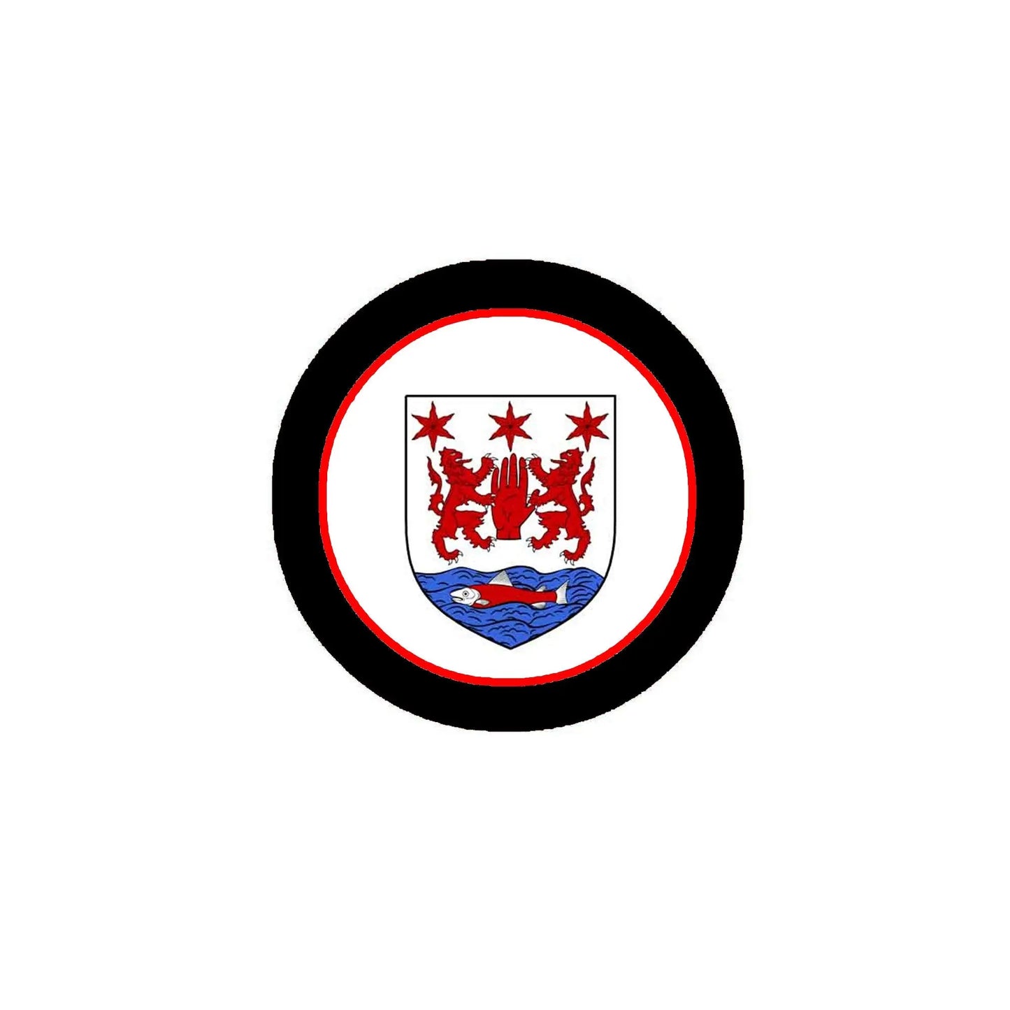 O'Neill round coat-of-arms magnet with black rim, red border, white crest