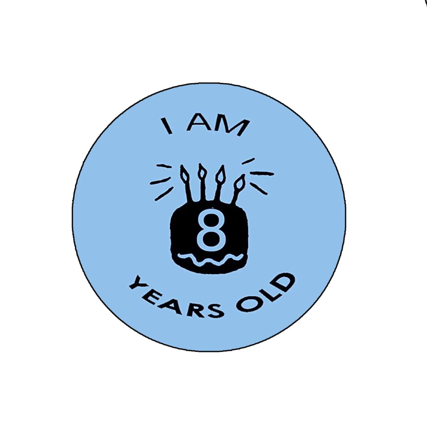 I AM 8 YEARS OLD blue 2.25-inch pinback button with candle and number 8