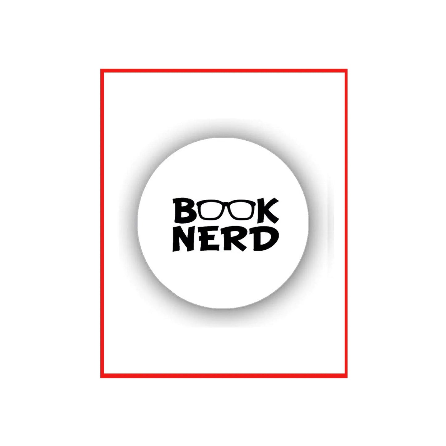Round pinback badge with "BOOK NERD" text