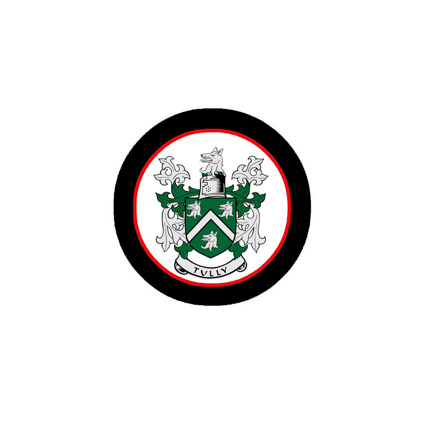 3-inch circular coat of arms magnet with black edge and green shield crest