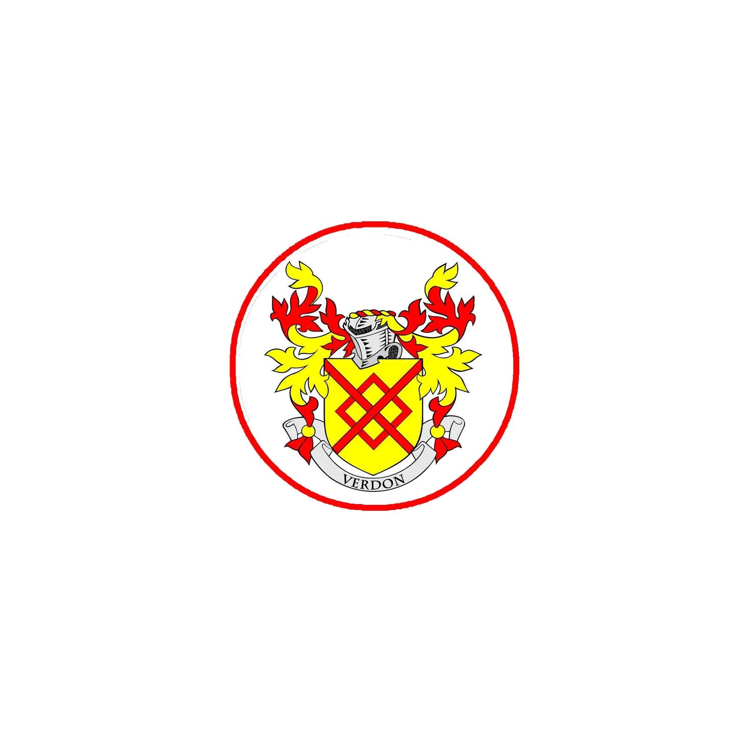Round crest pin badge with red border and yellow, green, and black shield design