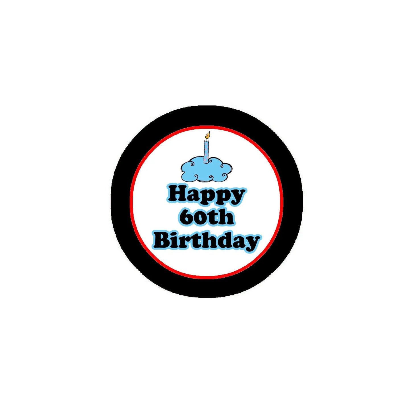 Blue Happy 60th Birthday pinback button with black ring and candle icon