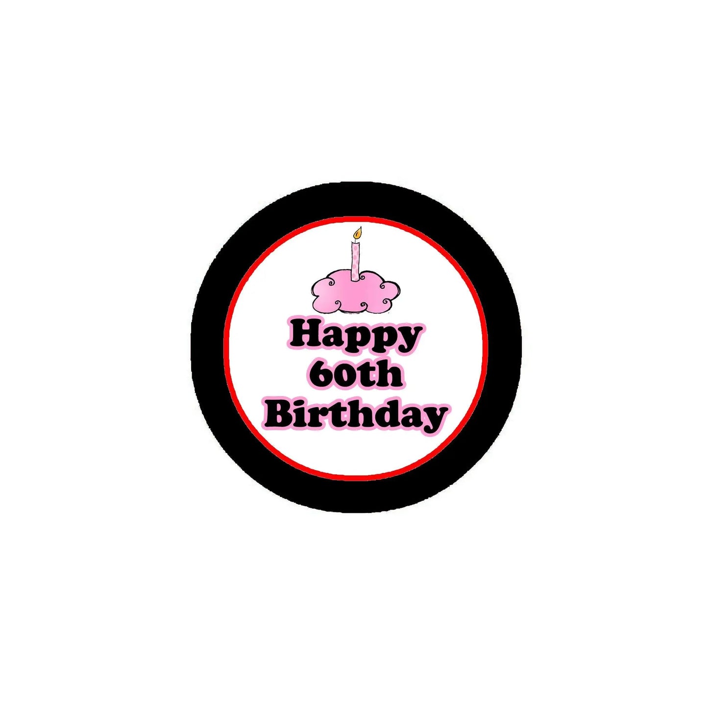 'Happy 60th Birthday' pinback button, pink center with black rim and pig icon
