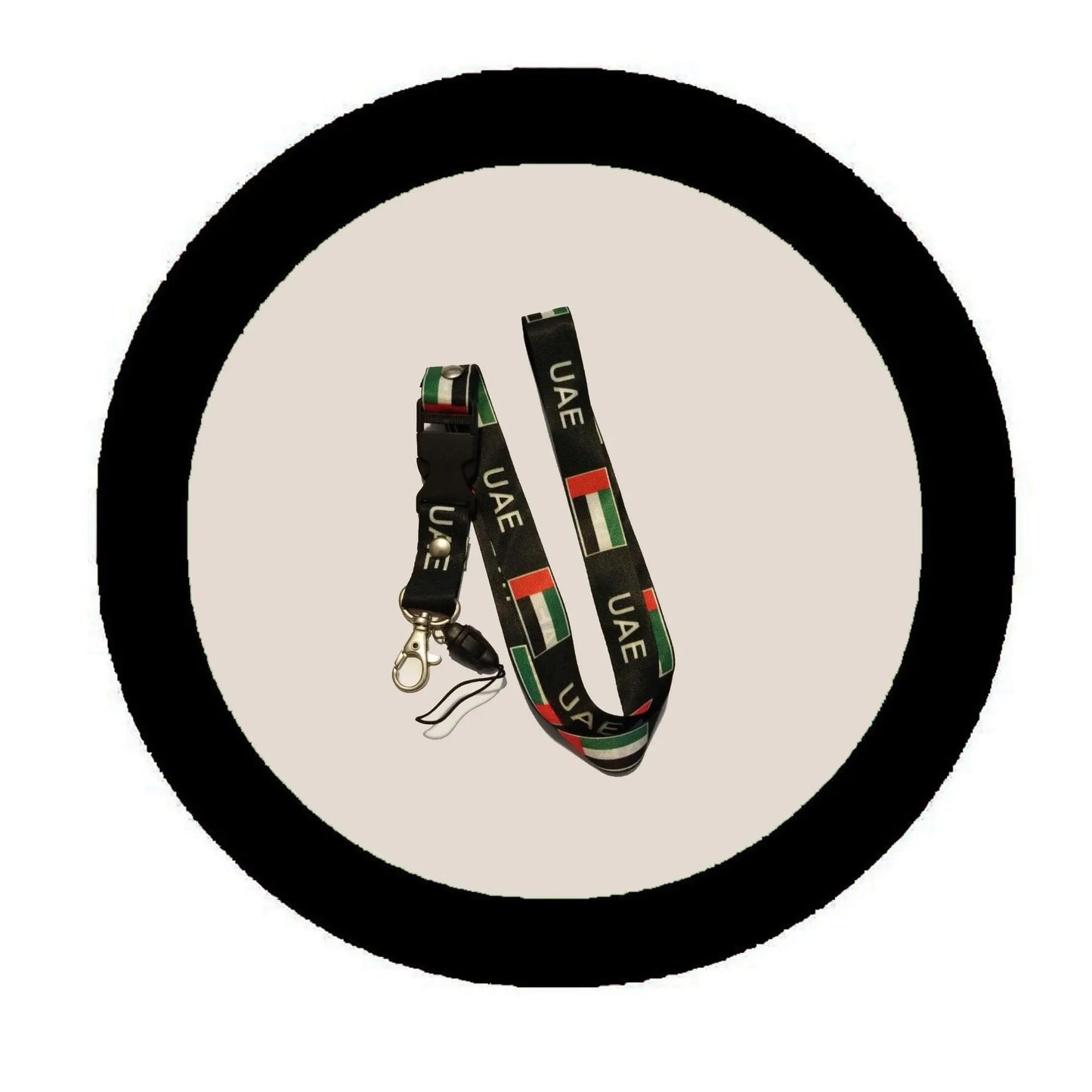UAE flag lanyard with phone string, black strap and multicolor print, metal hook clip