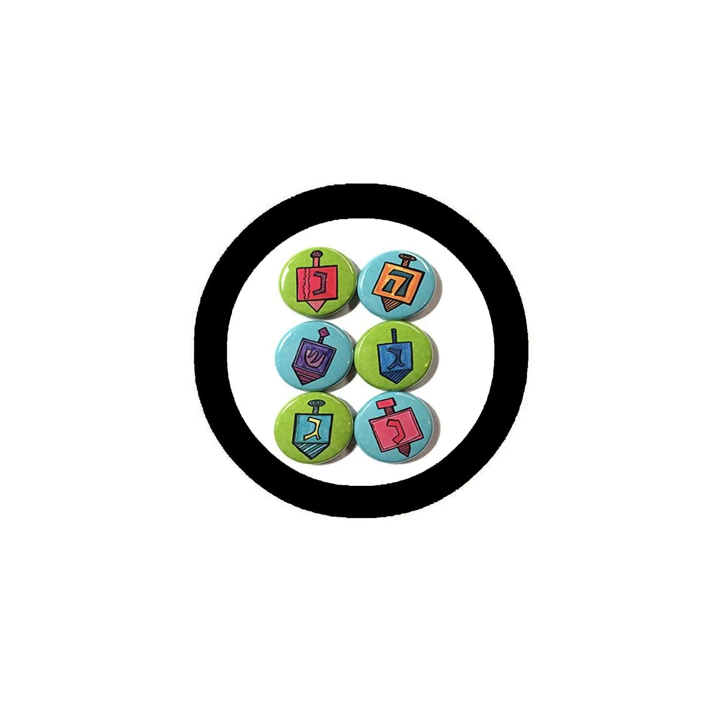 Set of six Hanukkah pinback button brooches, circular colorful symbols in black rings