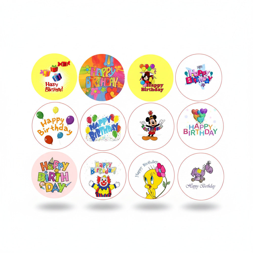 Set of 12 Happy Birthday round pinback buttons with colorful cartoon designs and pins