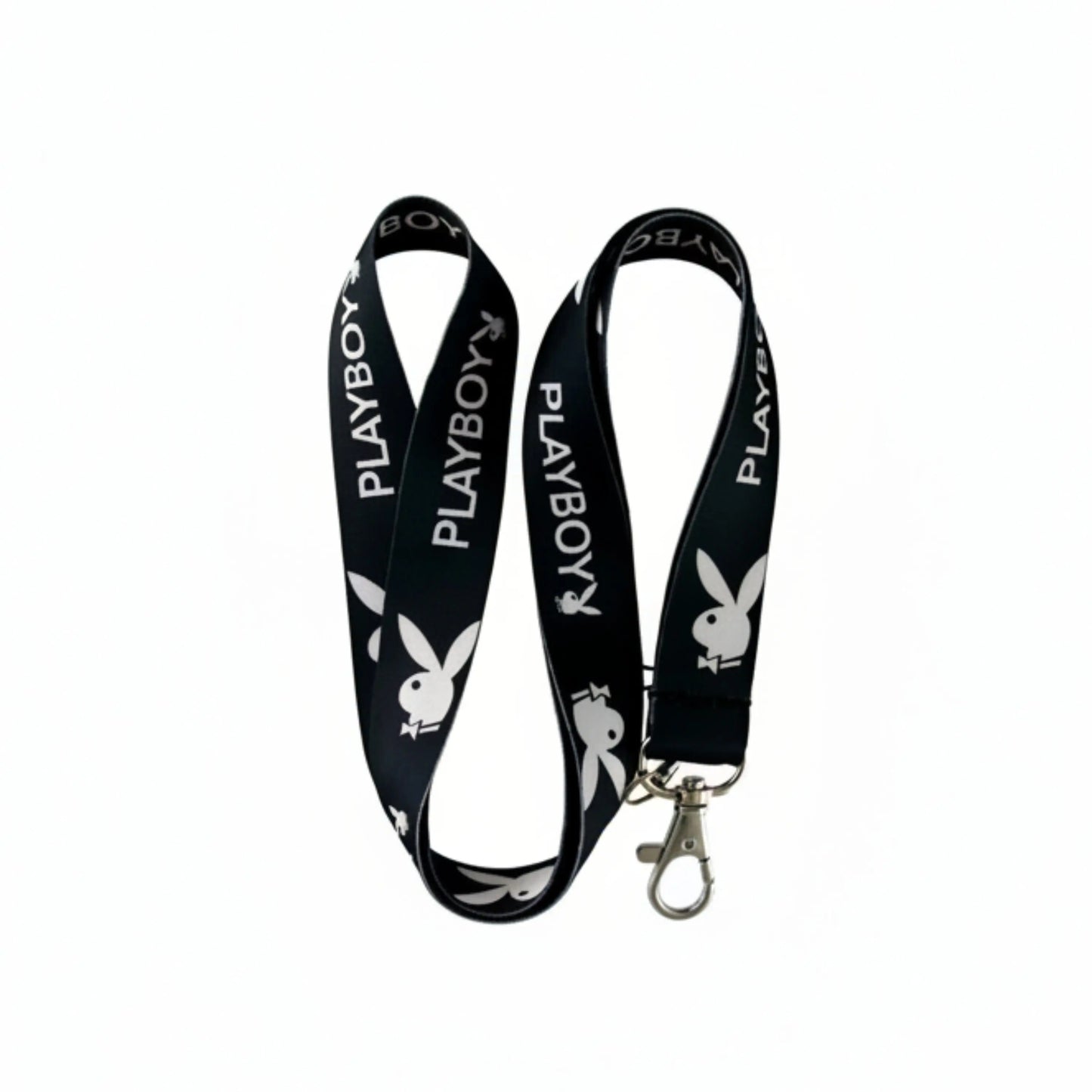 Black bunny-themed lanyard with white PLAYBOY text and metal keyring clasp