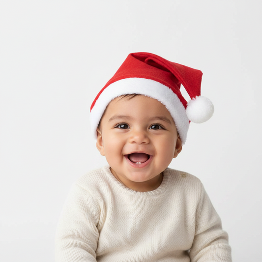 Infant Santa hat plush, red with white trim and white pom-pom