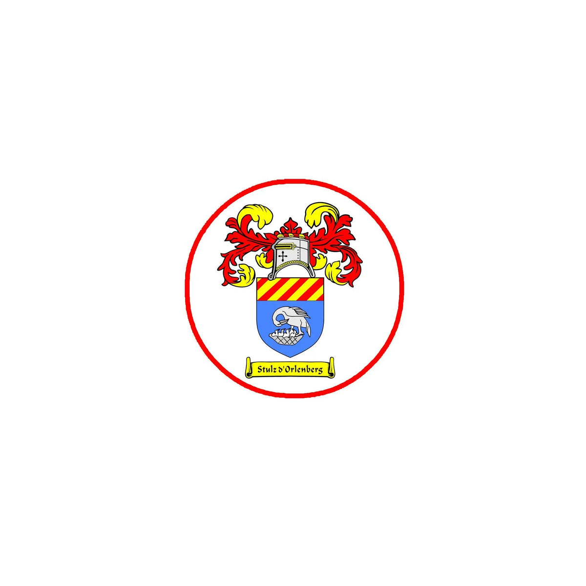 Round coat of arms family crest magnet with red border and shield design