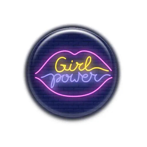 2.25-inch circular fridge magnet with neon pink and yellow 'Girl power' text