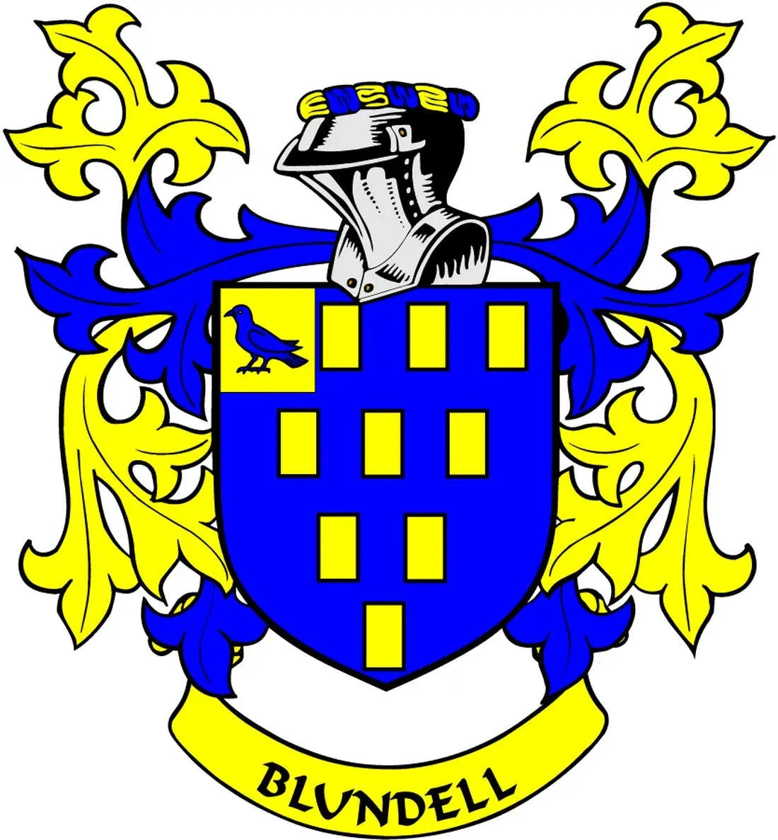 Blundell coat of arms crest magnet, blue shield with yellow squares and laurel