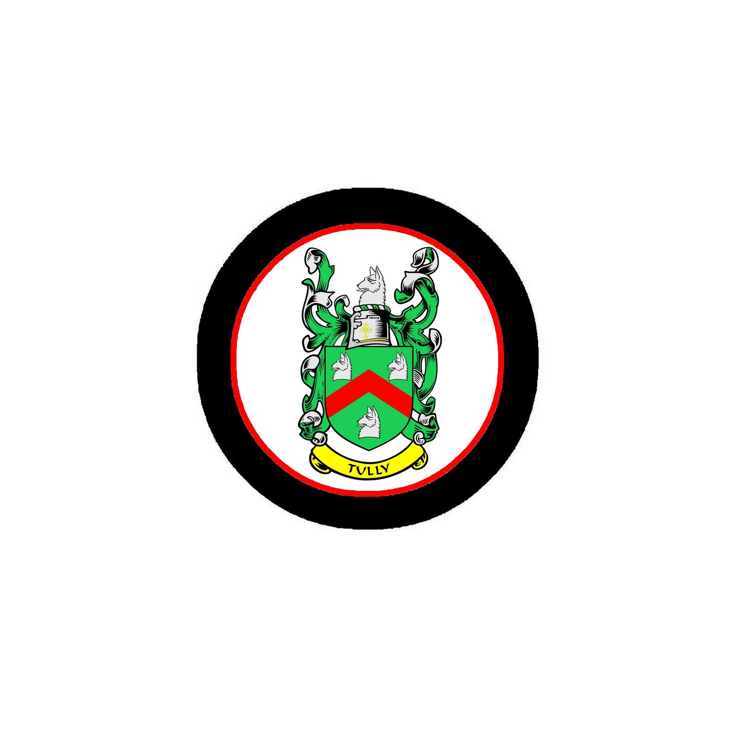 Round Tully family crest magnet with green shield and red border