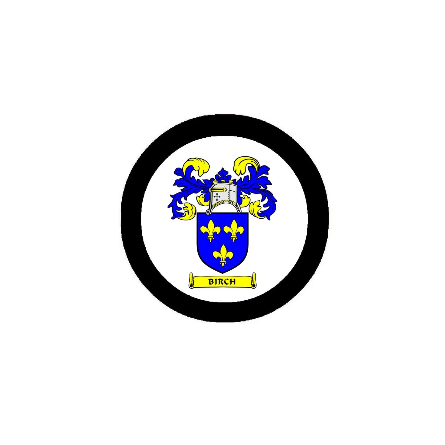 Round coat-of-arms magnet with blue-and-gold crest and 'BIRCH' ribbon, black border