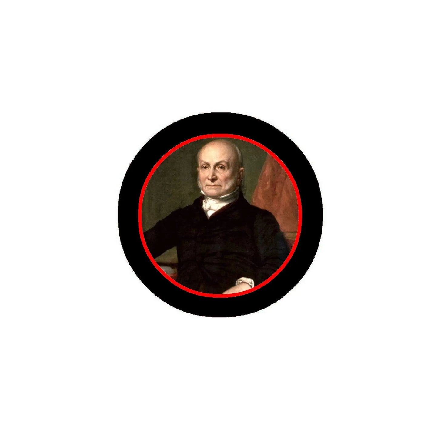 Round black-and-red commemorative medallion with a painted portrait of a man