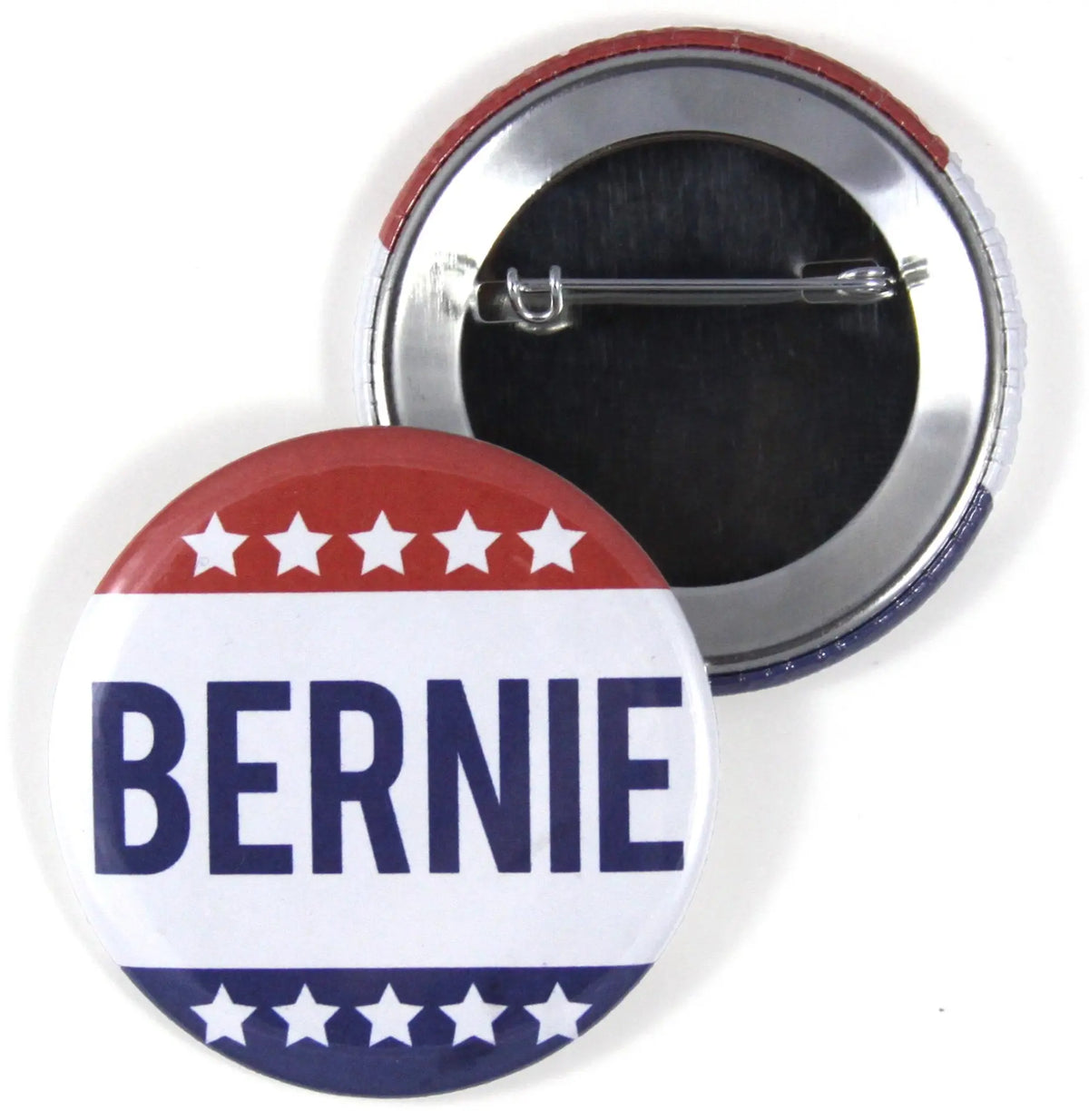 2.25-inch Bernie pinback button, round with red stars, blue top text "BERNIE".