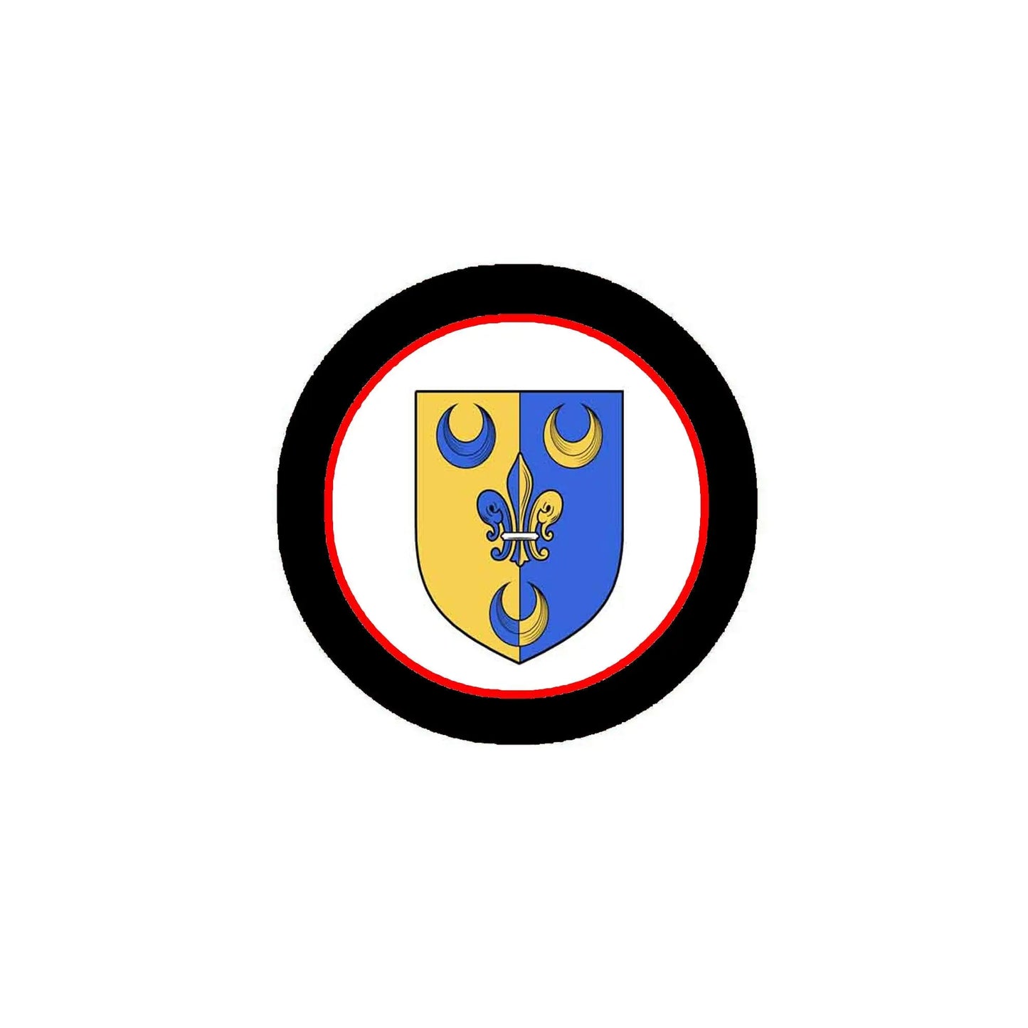 Round pinback badge with blue-and-gold coat of arms crest, red ring, black border.