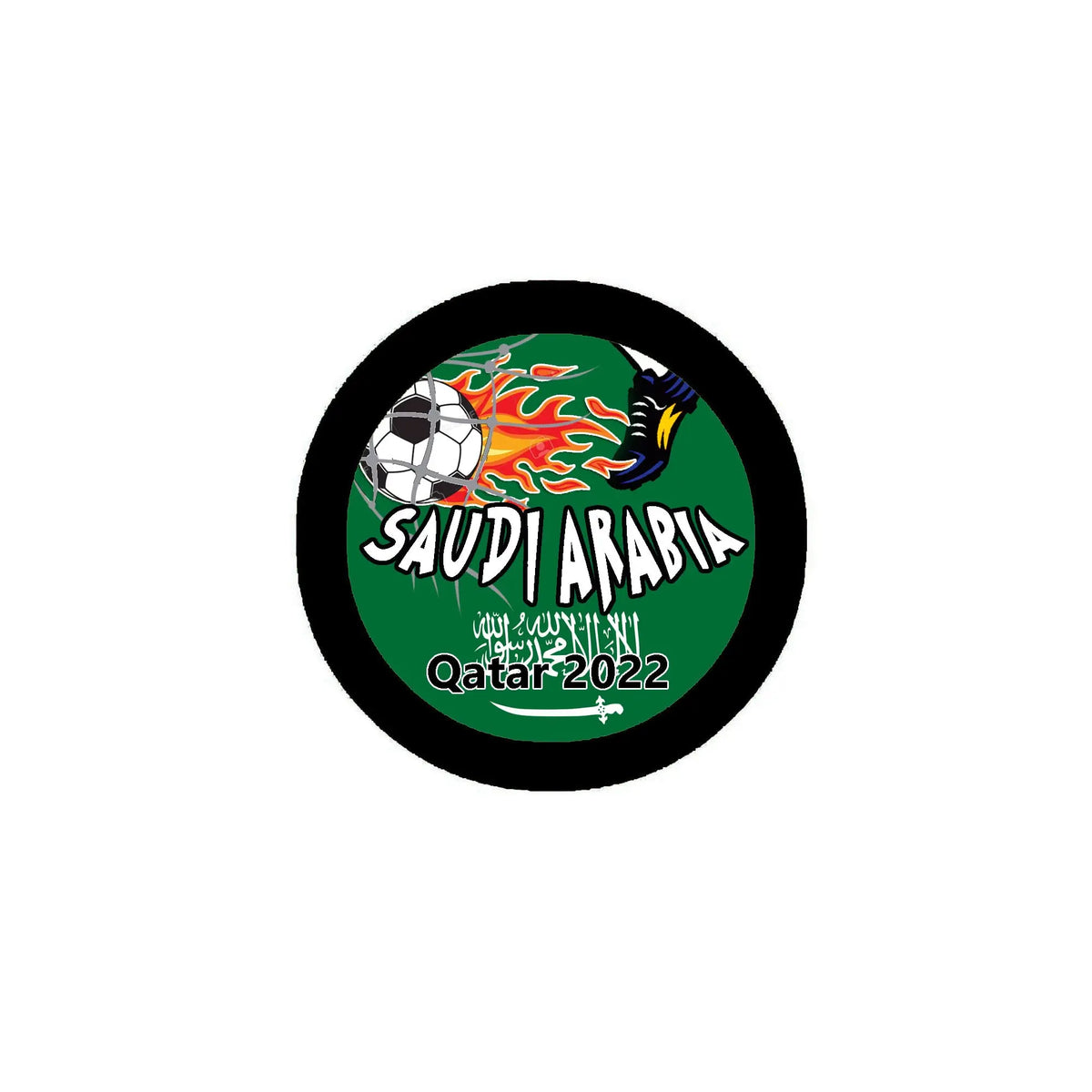 Saudi Arabia Qatar 2022 soccer pinback badge with flame and ball graphic