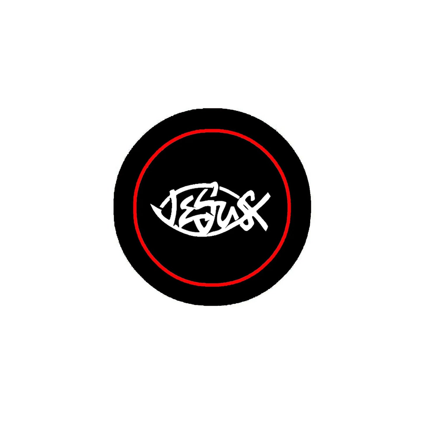 Round black pinback button with white Jesus symbol and red ring border