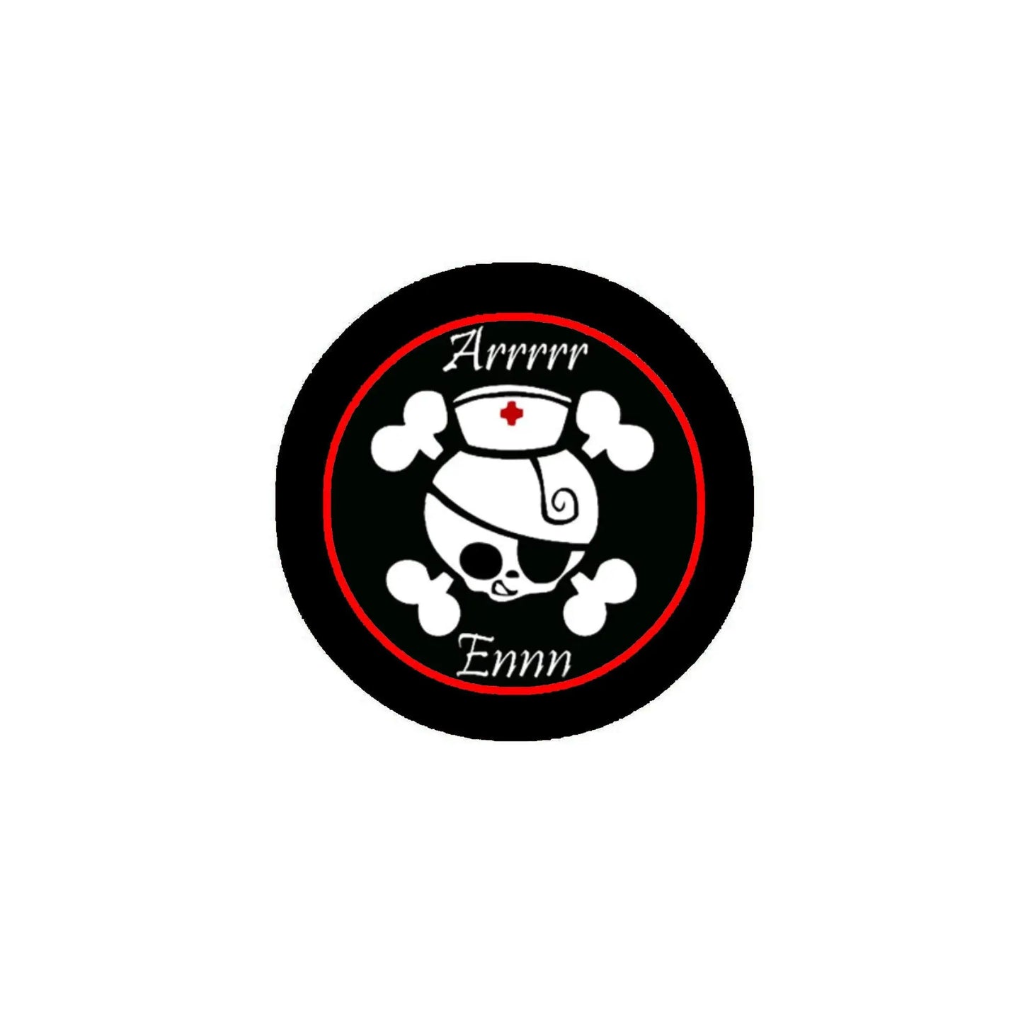 Black pirate skull pinback button with red ring, 'Arrrrr' and 'Ennn' text