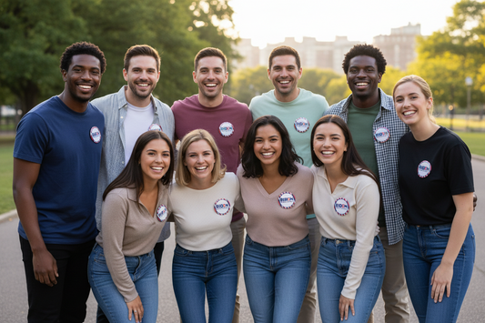 People wearing round blue and red Biden President pinback buttons on shirts