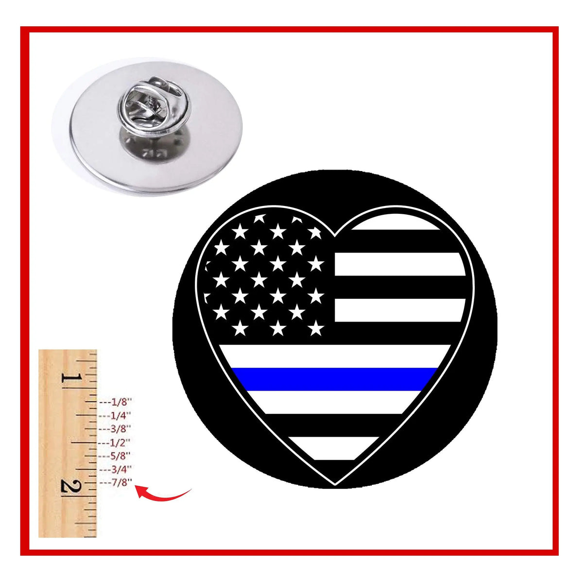 Heart-shaped lapel pin with U.S. flag and blue line, silver pin back