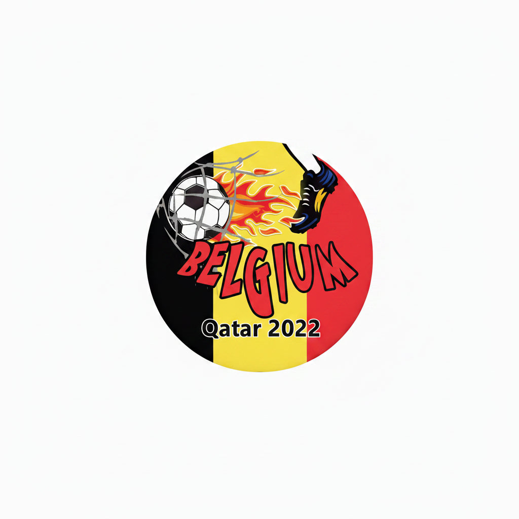 Belgium soccer pinback button with lion crest and Qatar 2022 graphic, 2.25-inch
