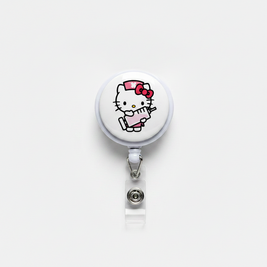 Retractable badge reel with badge clip; white housing featuring Hello Kitty nurse cat