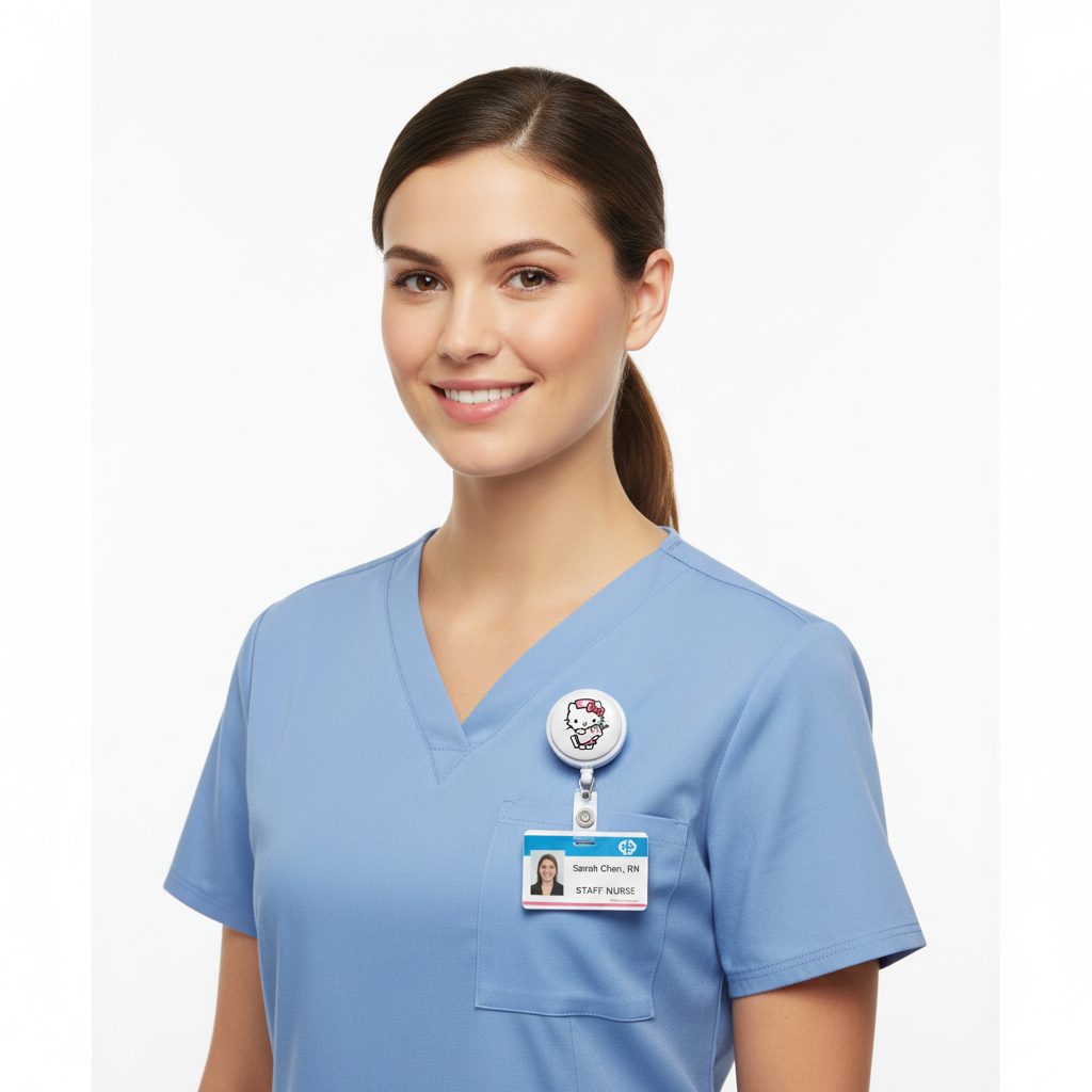 Hello Kitty nurse cat badge reel clipped to blue scrub pocket
