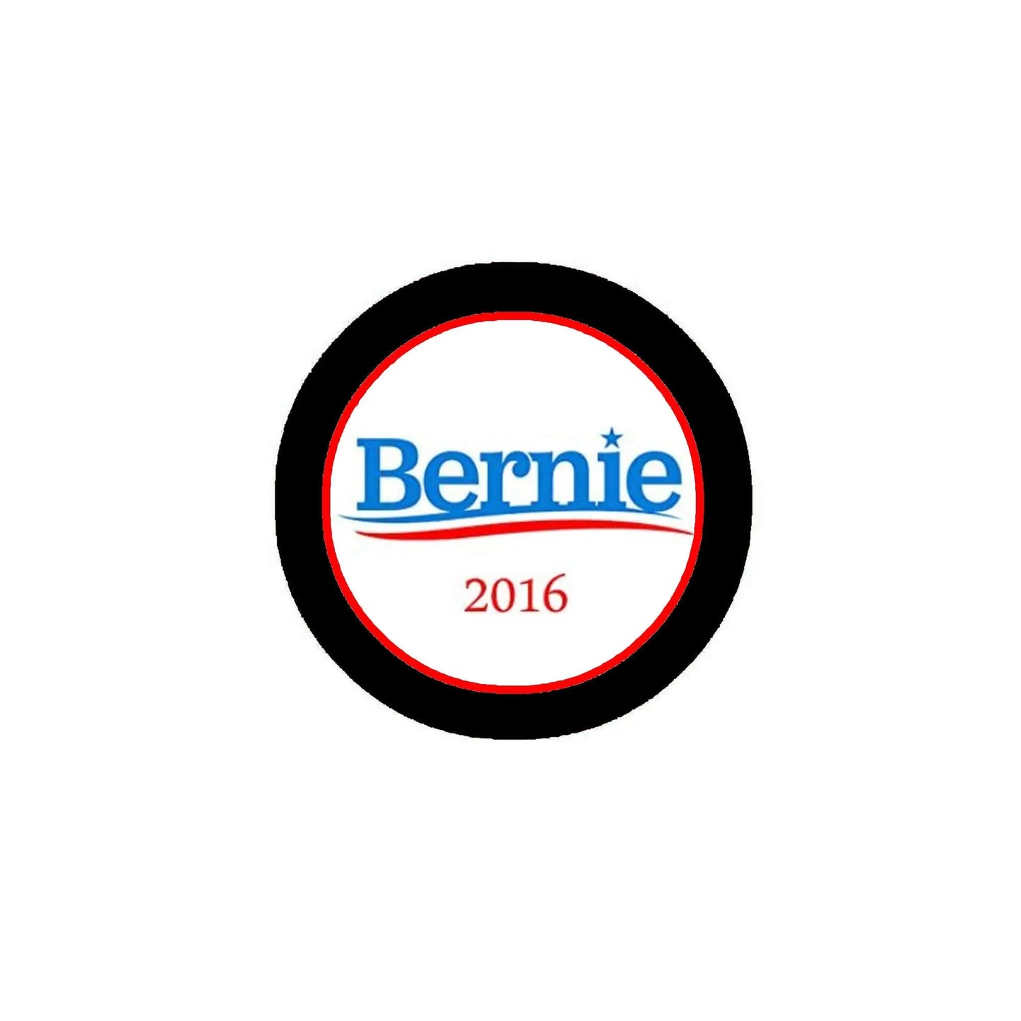 2016 Bernie pinback button with black rim, blue Bernie text and red 2016 on white