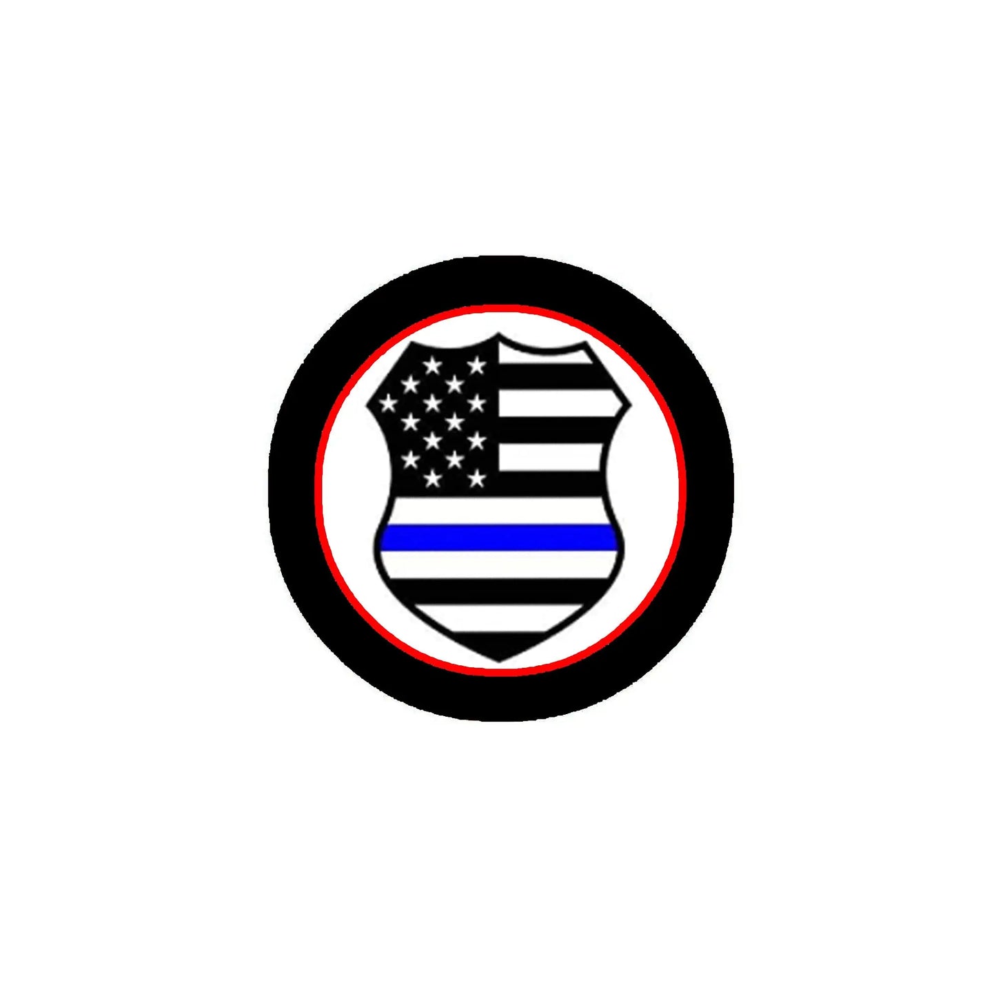 Round lapel pin with US flag crest and blue line, black border