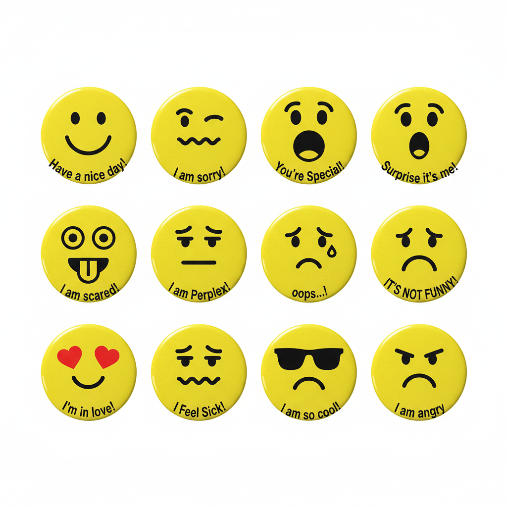 Set of yellow smiley face pinback buttons with varied sad, happy expressions