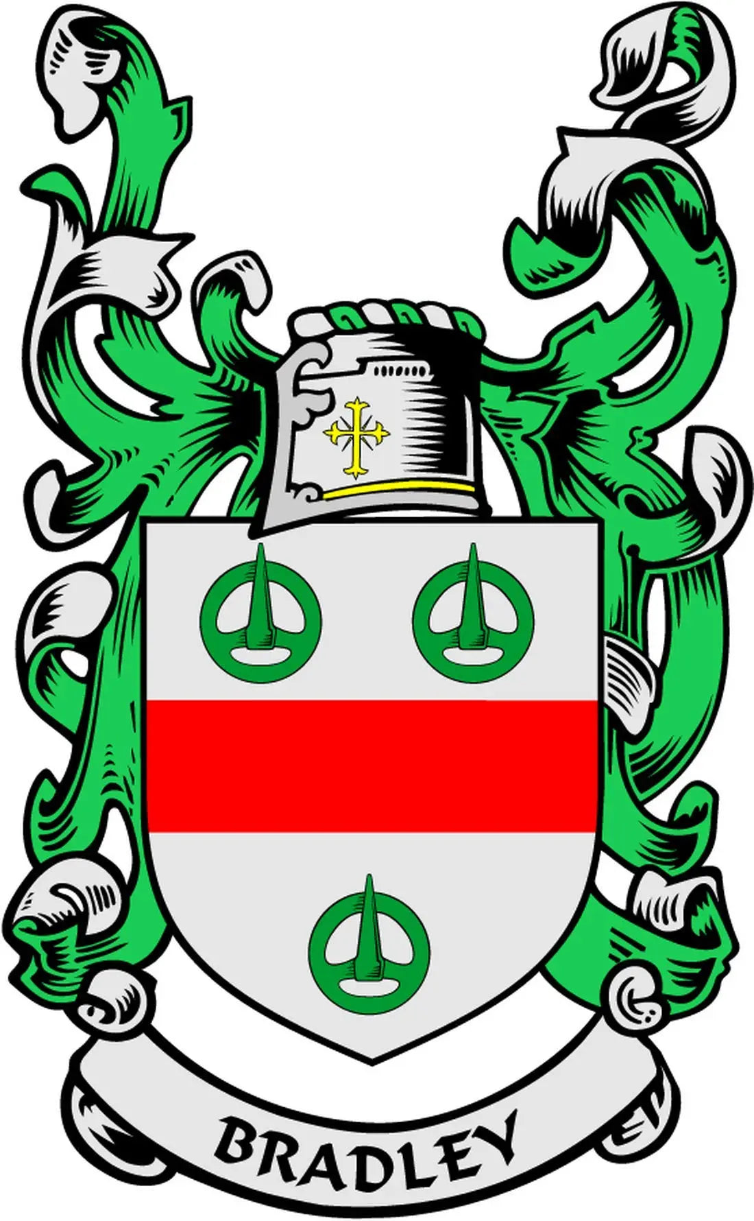 Family crest coat of arms magnet: green lions, red-white shield, BRADLEY banner