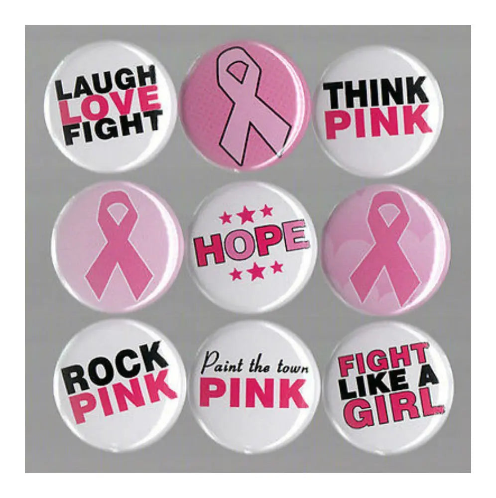 Breast cancer awareness pin buttons set with pink ribbon and bold hope text