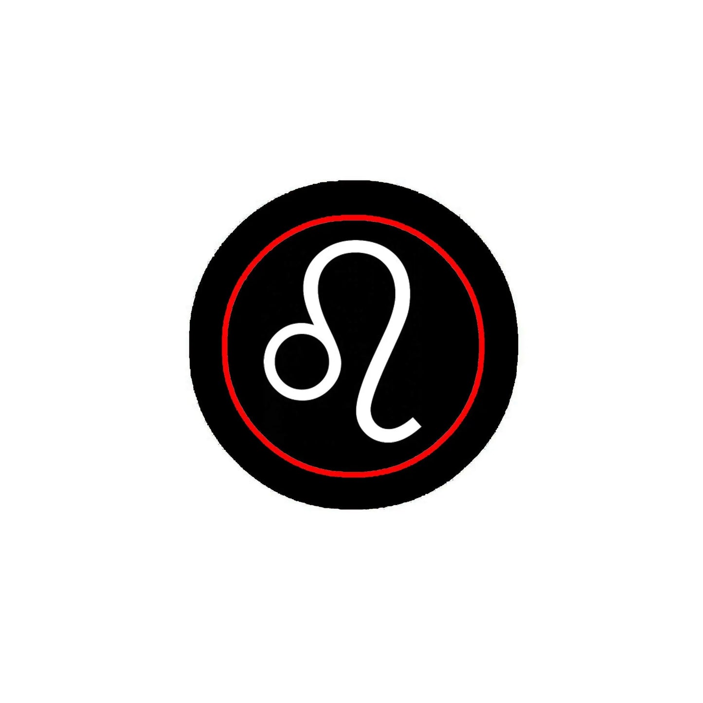 Leo zodiac pinback button with black circle, red outline, and white lion symbol