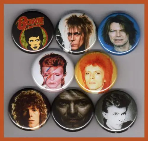 Set of 8 round 1.25-inch Bowie portrait magnets, colorful face designs