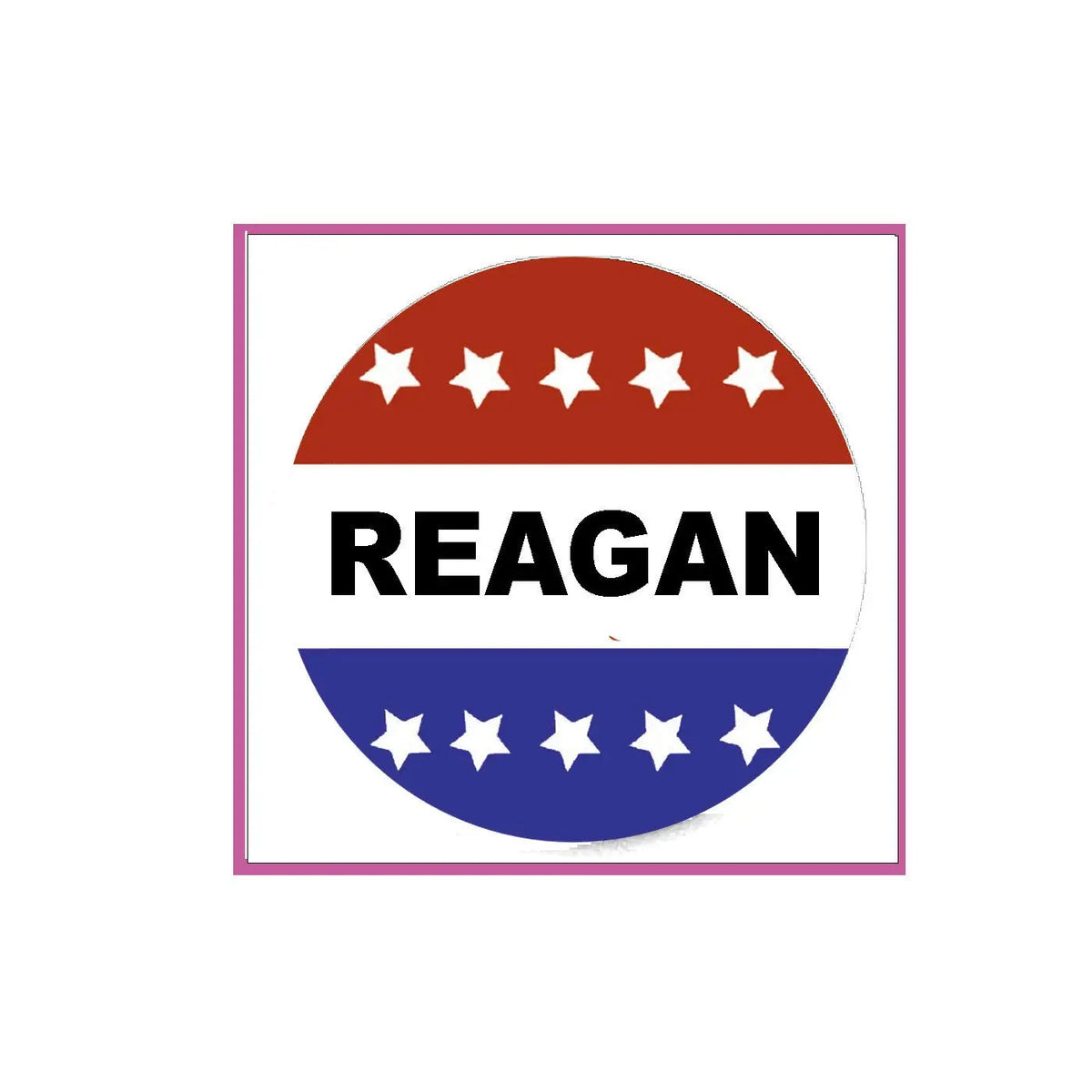 Circular pinback badge with REAGAN text and stars in red, white, and blue