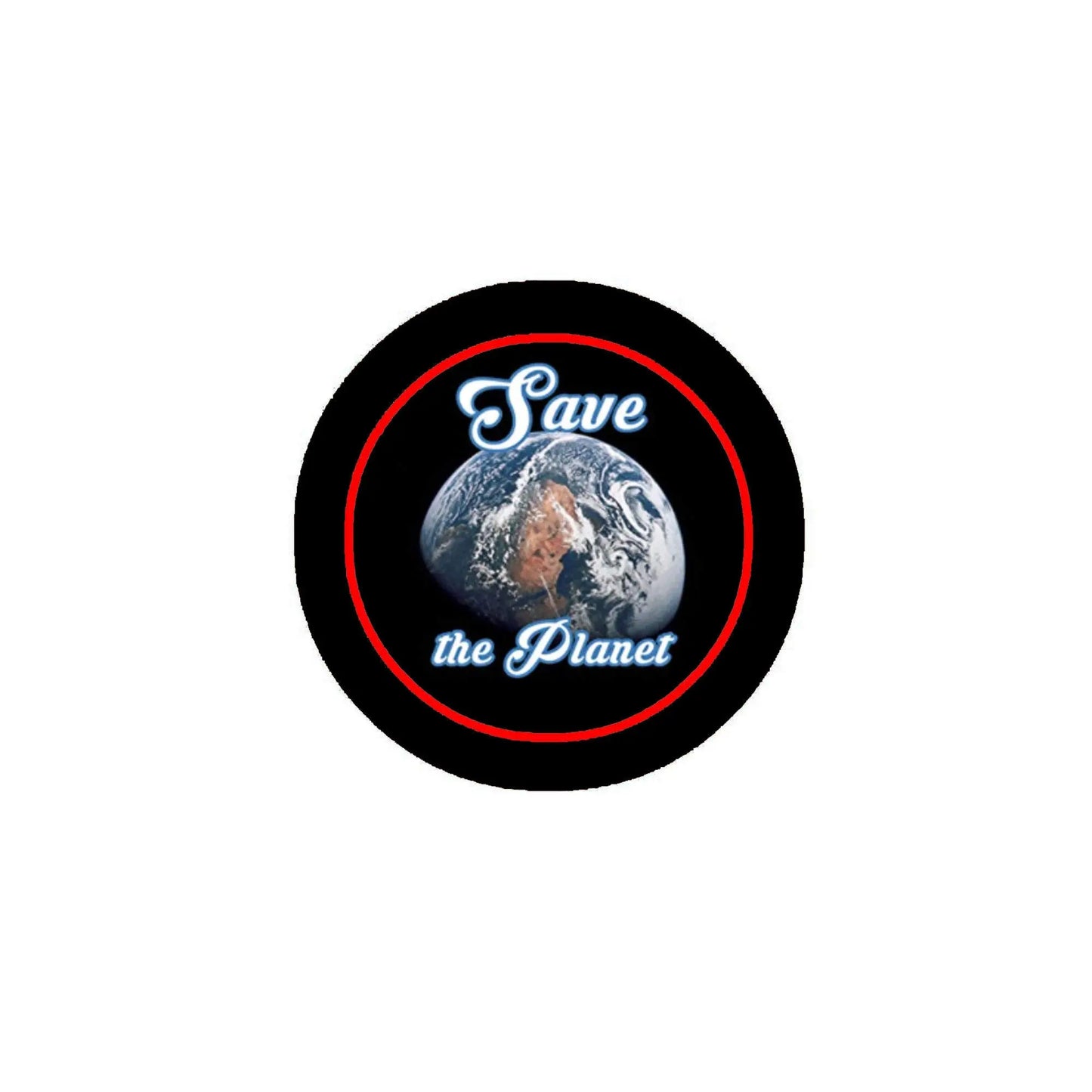 2.25-inch round pinback button, black with red ring and globe 'Save the Planet' art