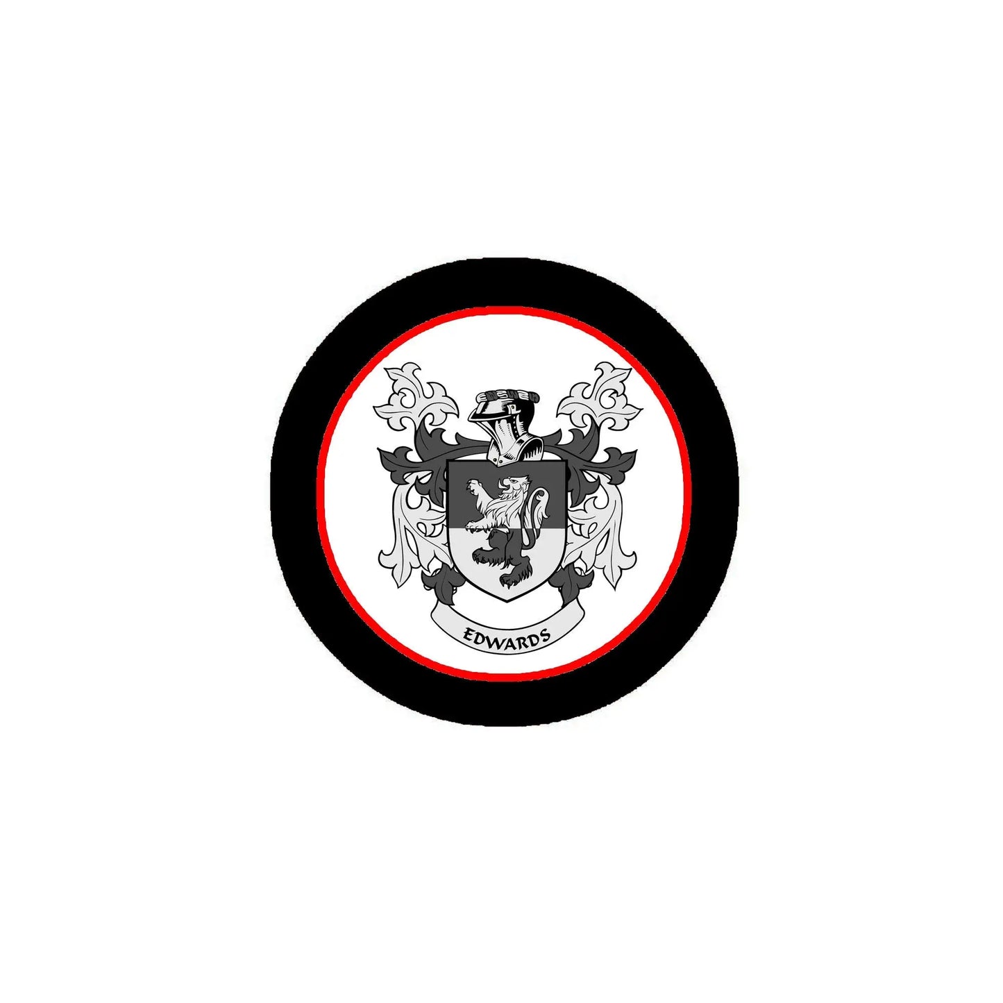 Round family crest pinback button with black rim, red trim, and Edwards shield