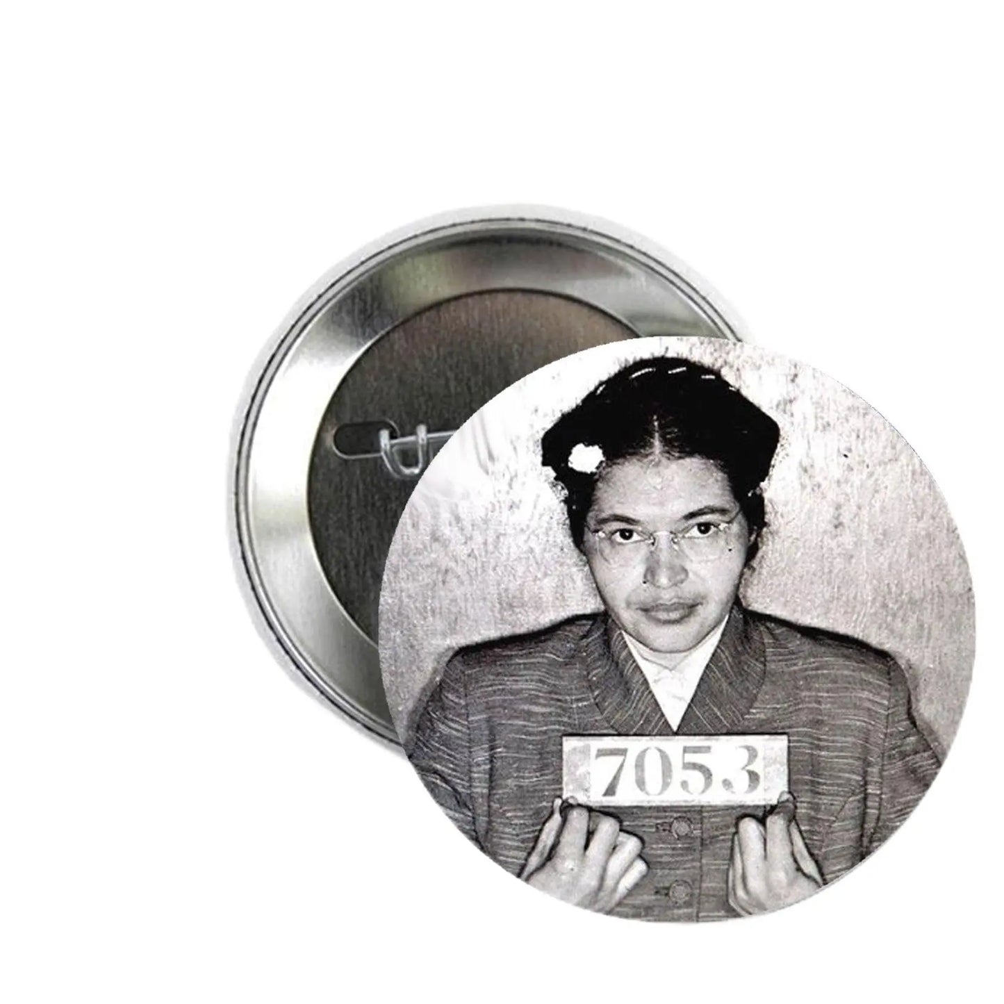 Round pinback button with black-and-white portrait of Rosa Parks holding sign 705.3