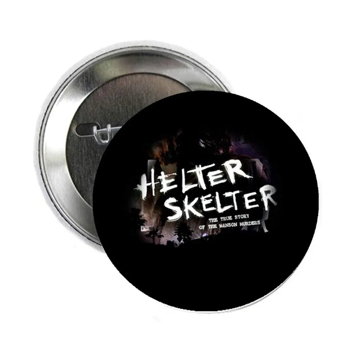 Round pinback badge with black face and white Helter Skelter graphic