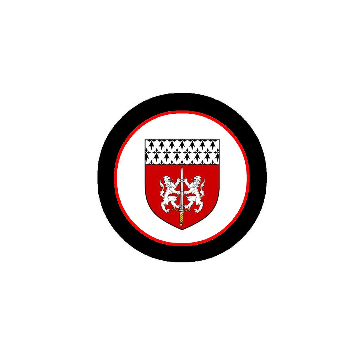 Coat of arms round magnet with black border, red ring, and shield crest