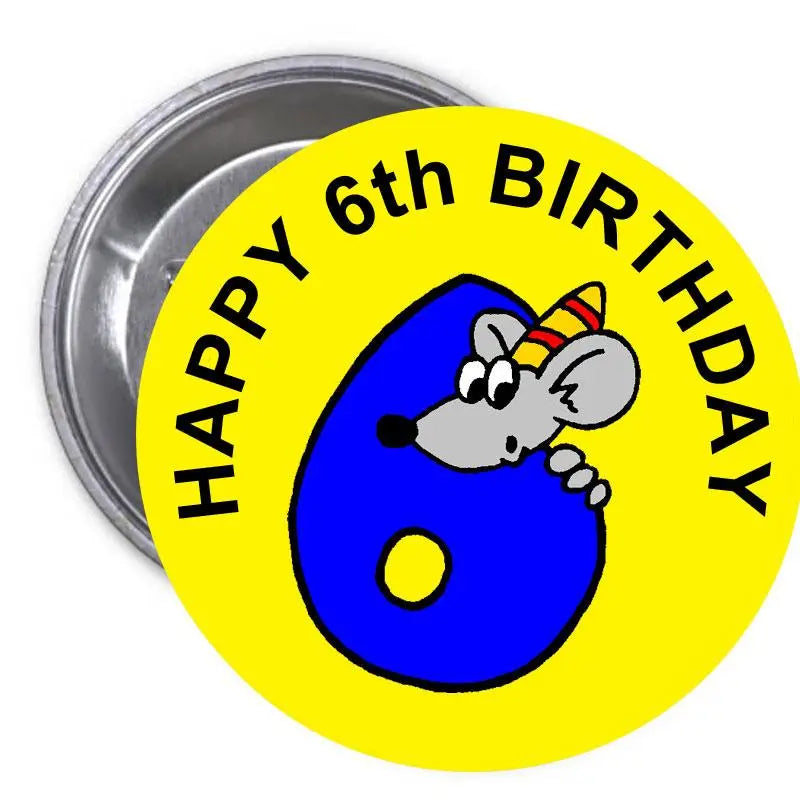 Happy 6th birthday mouse pinback button with safety clasp, yellow background