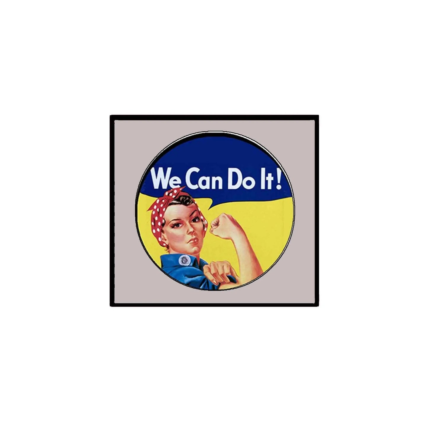 Kids pinback button, round design with Rosie illustration and “We Can Do It!” text